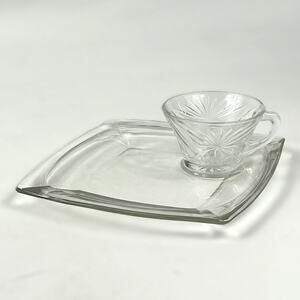 Snack Set Anchor Hocking Glass Starburst Cup Hazel Atlas Crystal Square Plate